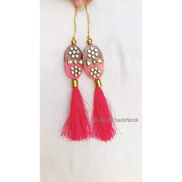 Pink / Blue Tassels With Red And Brown Wood Buttons With Kundan Stones, Indian Tassels, Wedding Supplies